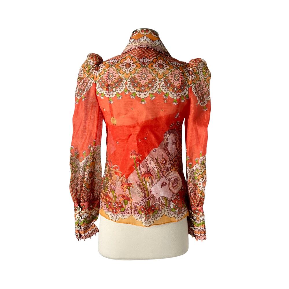 Zimmermann Kaleidoscope Zodiac Aries Top Shirt Red Orange Floral Linen Silk 0P - Picture 6 of 10